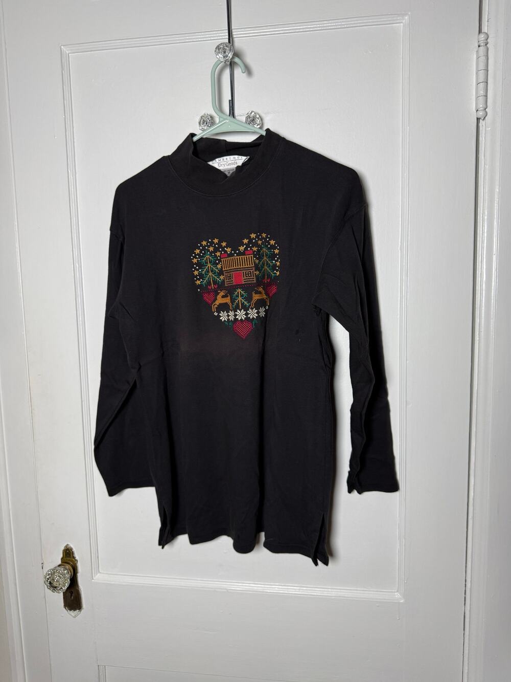 Vintage Cambridge Dry Goods Mock Neck Black Winter Heart Long Sleeve Shirt MED